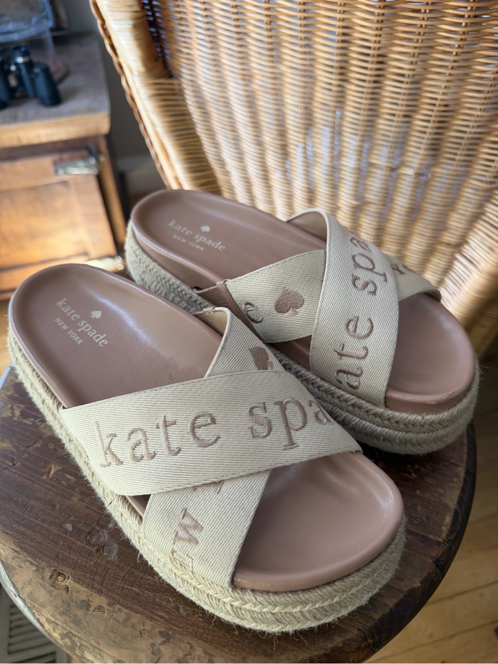 kate spade Neutral Beige Crisscross Espadrille Platform Slides - Picture 3 of 6